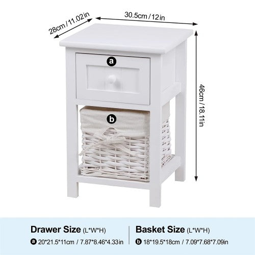 Set of 2 Nightstand, Solid Wood Bedside Table with Drawer and Wicker Basket for Home, Living Room, Bedroom 31 x 28 x 45cm (White) Set of 2 Nightstand, Solid Wood Bedside Table with Drawer and Wicker Basket for Home, Living Room, Bedroom 31 x 28 x 45cm (White)